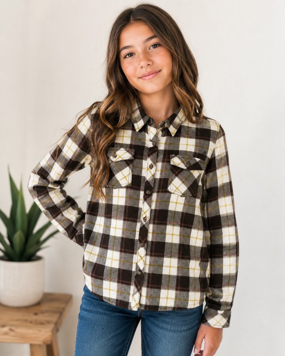 Volcom Getting Rad Plaid Shirt Girls M 8/10 Brown Button Up Cotton NWT
